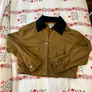 Women's Cotton Barn Jacket with Black Corduroy Collar - Brown